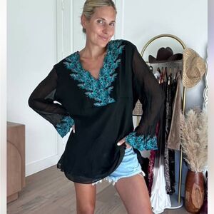 Vintage SilkLand Black Blouse with Blue Embroidery